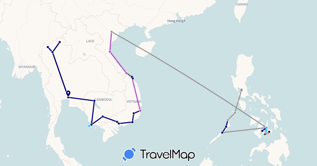 TravelMap itinerary: driving, plane, cycling, train, boat, hitchhiking, motorbike in Cambodia, Philippines, Thailand, Vietnam (Asia)